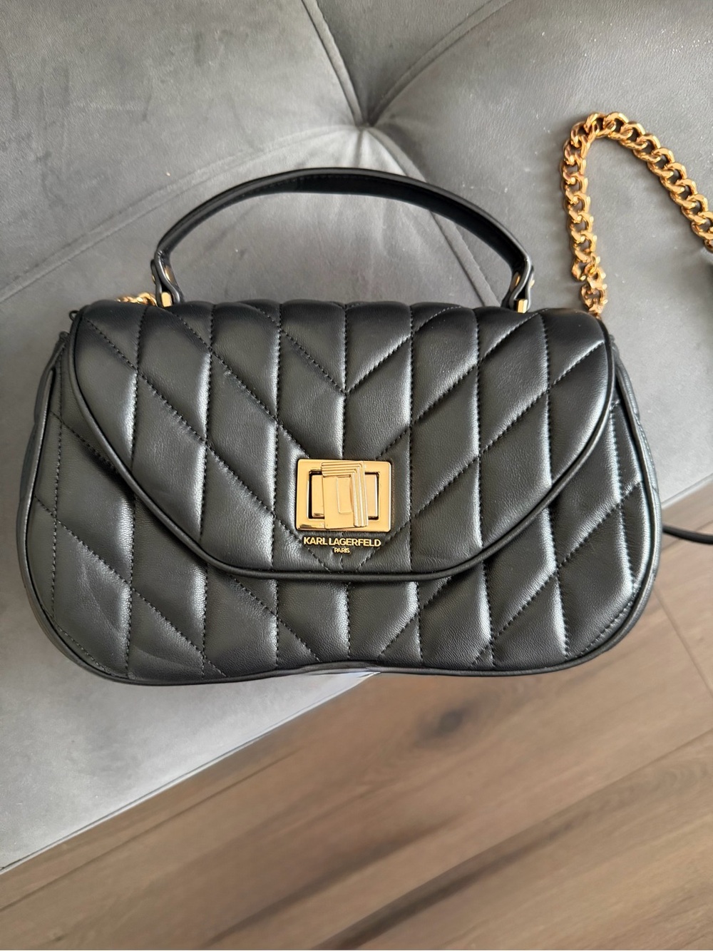 Karl Lagerfeld Paris Quilted Black Leather Top-Handle Shoulder Bag - Picture 3 of 8